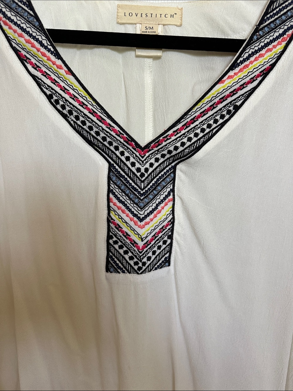 lovestitch White V-Neck Blouse with Multicolor Embroidered Trim